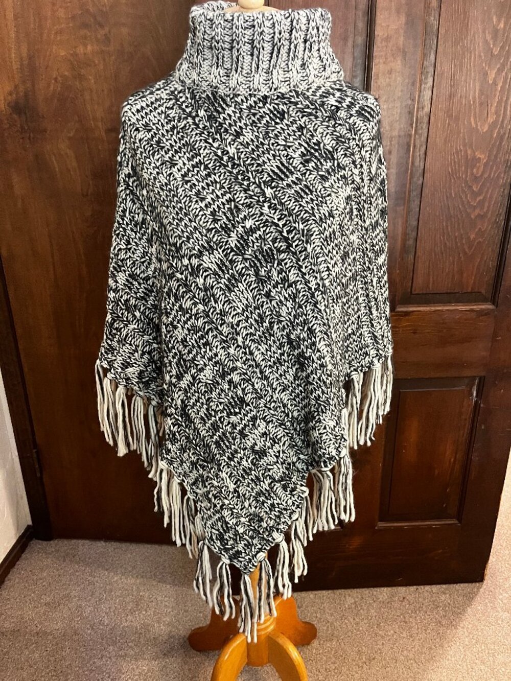 Eyeful Chunky Cable Knit Cowl Neck Fringer Poncho Sweater
